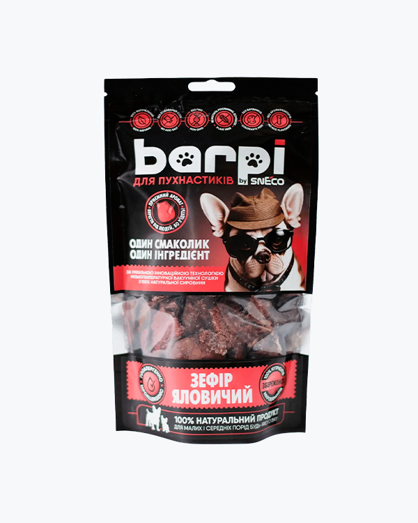 Хрусткі смаколики Barpi, Зефір яловичий (легені) для собак та котів, 60 г
