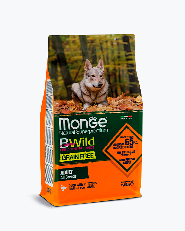 Сухий беззерновий корм для дорослих собак всіх порід Monge Dog Bwild Grain Free з качкою, 2.5 кг