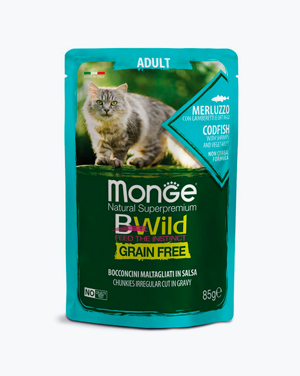 Вологий беззерновий корм Monge BWild Wet для кішок, тріска з креветками та овочами, пауч, 85 г