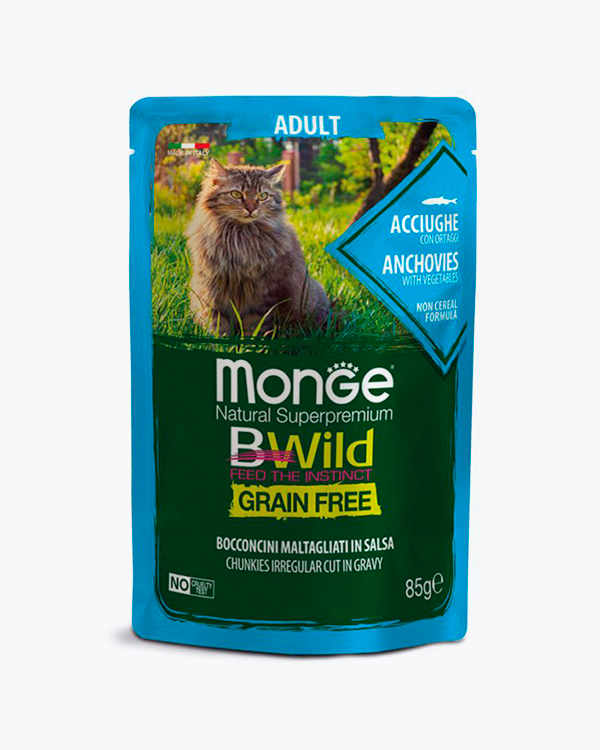 Влажный беззерновой корм Monge BWild Wet для кошек, треска с анчоусами и овощами, пауч, 85 г