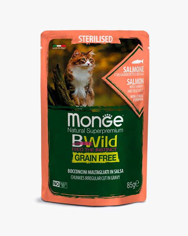 Влажный корм Monge Cat Wet Bwild Grain Free Sterilised для стерилизованных кошек, лосось с овощами, пауч, 85 г