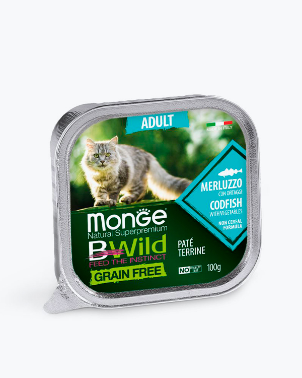 Вологий беззерновий Monge Cat Wet Bwild Grain Free Adult корм для дорослих кішок, тріска з овочами, 100 г