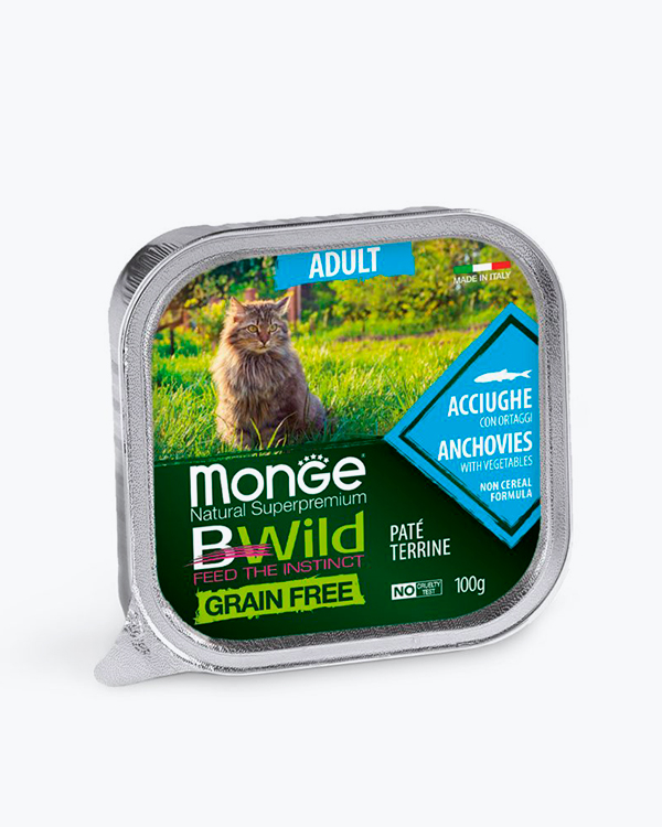 Вологий беззерновий корм Monge Cat Wet Bwild Grain Free Adul для дорослих кішок, анчоус з овочами, 100 г
