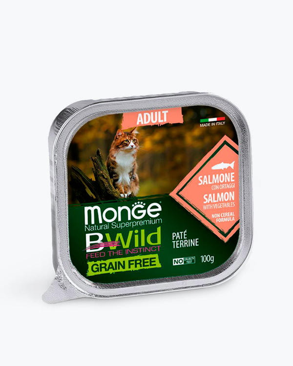 Вологий беззерновий корм Monge Cat Wet Bwild Grain Free Adul для дорослих кішок, лосось з овочами, 100 г