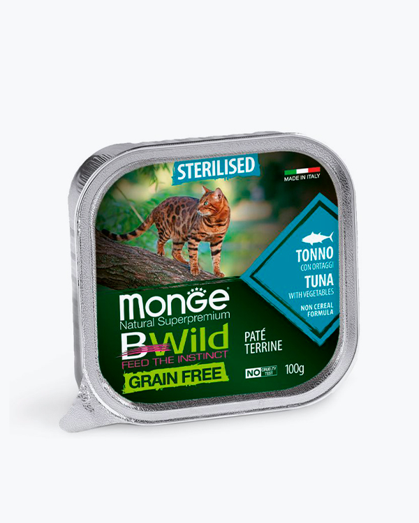 Влажный корм Monge Cat Wet Bwild Grain Free Sterilised для стерилизованных кошек, тунец с овощами, 100 г