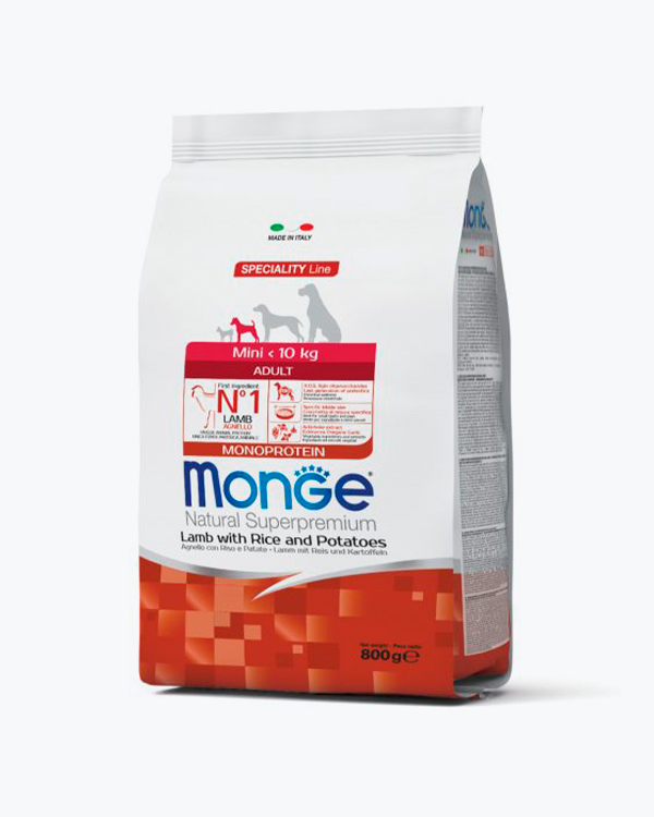 Сухой корм Monge Dog Mini Adult для взрослых собак мелких пород, ягненок, рис и картофель, 800 г