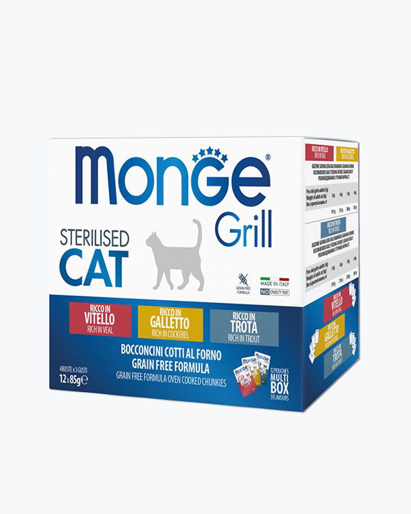 Упаковка влажного корма Monge GRILL MIX Sterilised для стерилизованных котов, курица/форель/телятина (12*85 г)