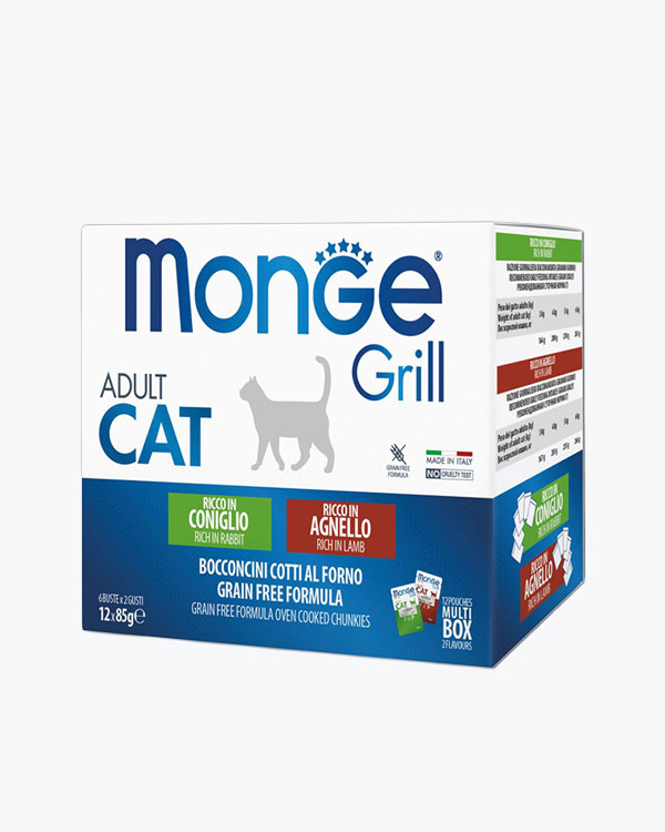 Упаковка вологого корму Monge Cat GRILL Wet MIX для котів, кролик/ягня, пауч (12х85 г)
