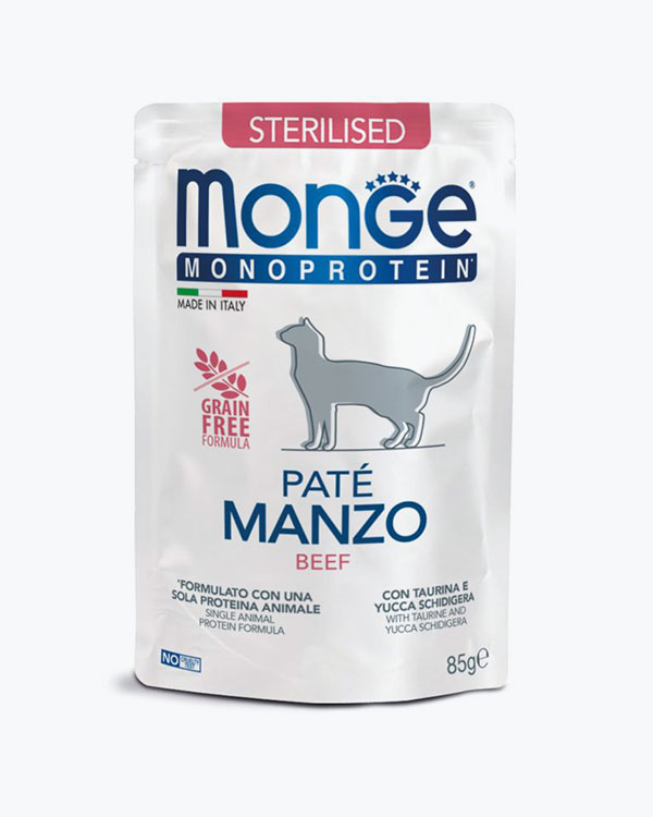 Влажный корм Monge Cat Wet MONOPROTEIN Sterilised для стерилизованных кошек 100% говядина, 85 г, пауч