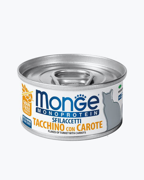 Вологий корм Monge Cat Wet MONOPROTEIN для дорослих котів, м'ясні пластівці з індичкою та морквою, 80 г, з/б