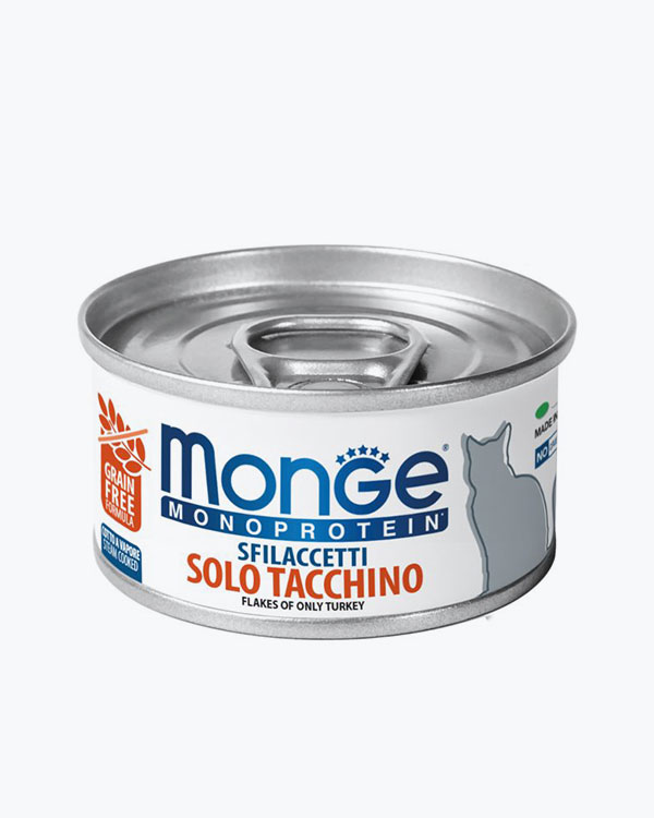 Влажный корм Monge Cat Wet MONOPROTEIN для взрослых кошек, мясные хлопья с индейкой, 80 г, ж/б