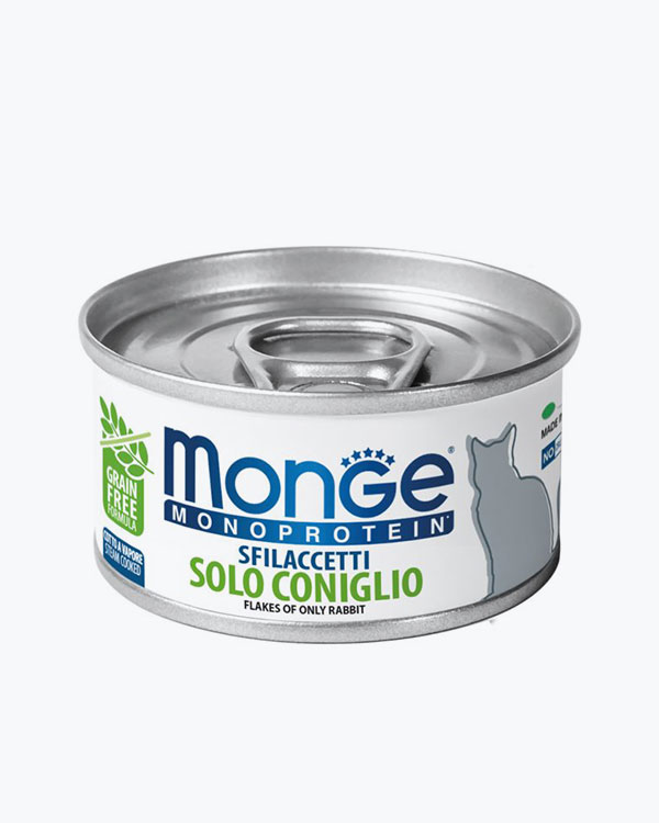 Влажный корм Monge Cat Wet MONOPROTEIN для взрослых кошек, мясные хлопья с кроликом, 80 г, ж/б