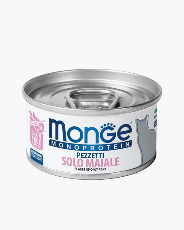 Влажный корм Monge Cat Wet MONOPROTEIN для взрослых кошек, мясные хлопья со свининой, 80 г, ж/б