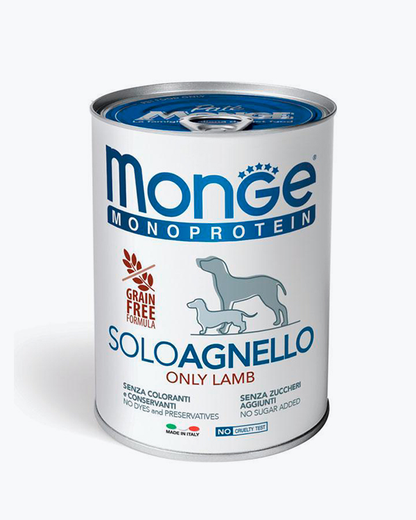 Паштет Monge Dog Wet SOLO 100% для взрослых собак всех пород, ягненок, 400 г, ж/б