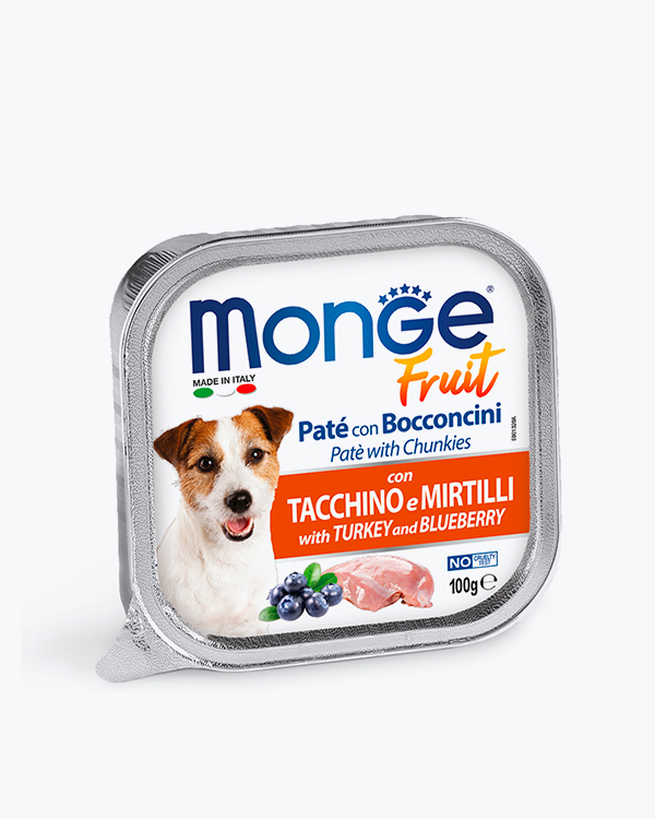 Паштет з м'ясними шматочками Monge Dog Wet FRUIT для дорослих собак усіх порід, індичка з чорницею, 100 г