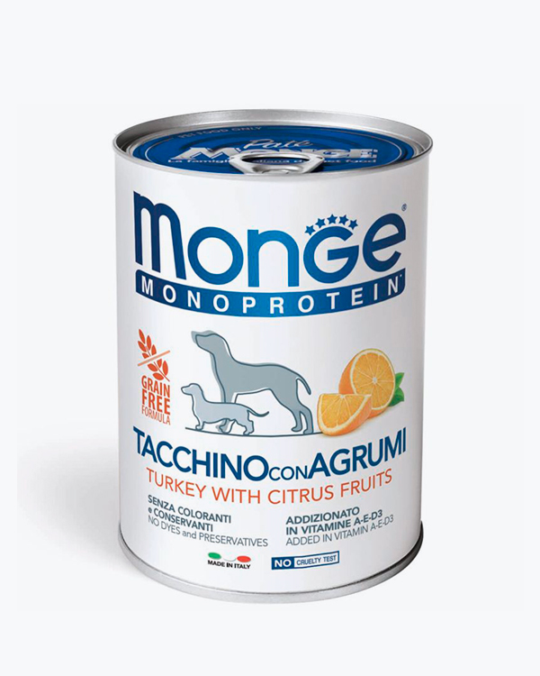Монопротеиновый паштет Monge Dog Wet FRUIT MONOPROTEIN для взрослых собак всех пород, индейка с цитрусом, 400г