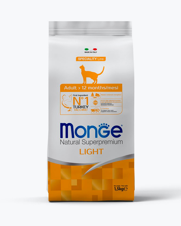 Сухий корм Monge Cat Light для дорослих кішок схильних до набору ваги з індичкою, 1.5 кг
