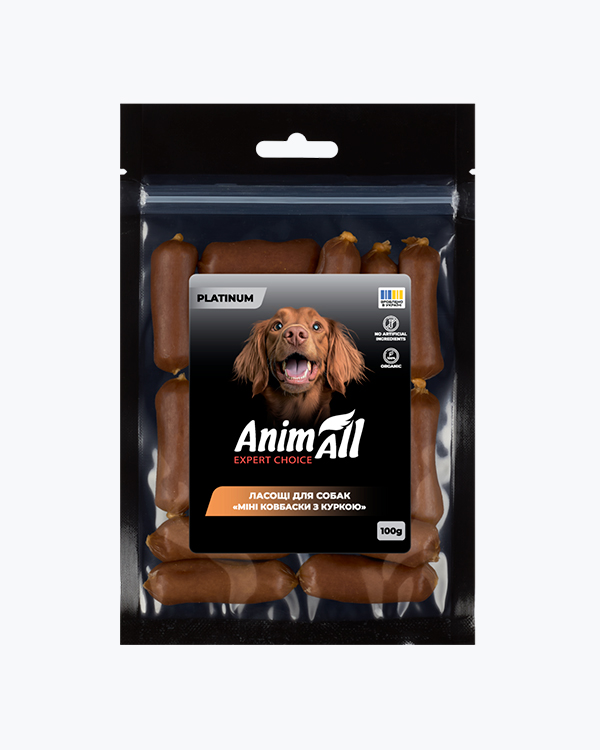 Ласощі для собак AnimAll Platinum Міні ковбаски з куркою, 100 г