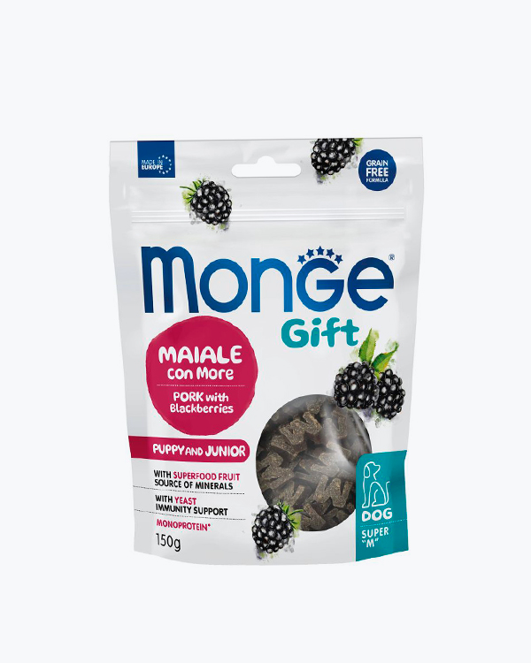 Лакомство Monge Gift Dog Puppy and Junior Growth support для собак, свинина с ежевикой, 150 г