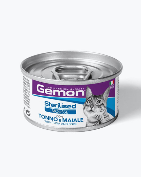 Влажный корм Gemon Cat Wet Sterilised для стерилизованных котов мясной мусс с тунцом и свининой, 85 г, ж/б