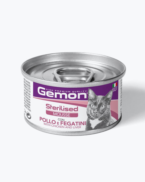 Вологий корм Gemon Cat Wet Sterilised для стерилізованих котів м'ясний мус з куркою та лівером, 85 г, з/б