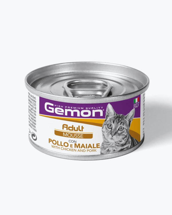 Вологий корм Gemon Cat Wet Adult для дорослих котів м'ясний мус з куркою та свининою, 85 г, з/б