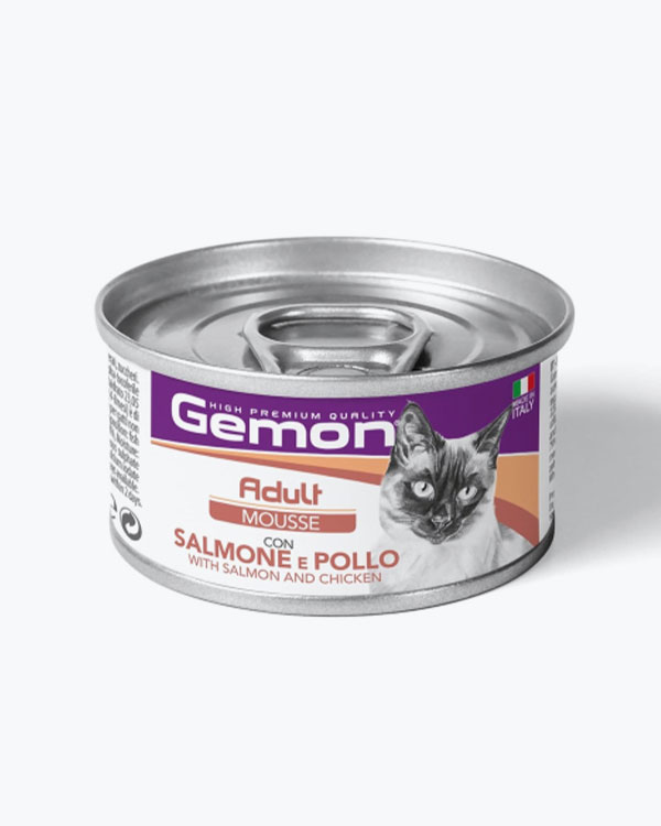Вологий корм Gemon Cat Wet Adult для дорослих котів м'ясний мус з лососем та куркою, 85 г, з/б