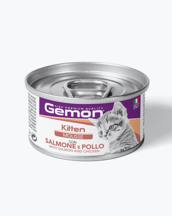 Вологий корм для кошенят Gemon Cat Wet Kitten м'ясний мус з лососем та куркою 85 г, з/б