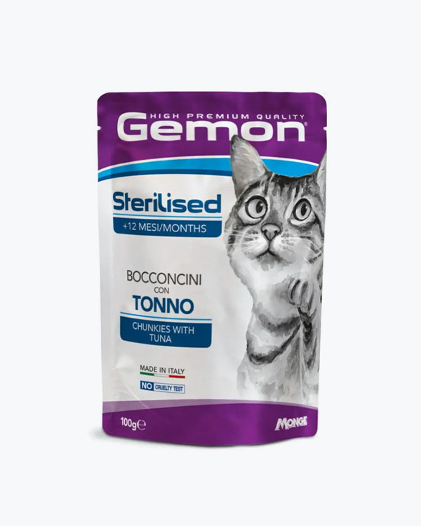 Влажный корм Gemon Cat Wet Sterilized для взрослых стерилизованных котов с тунцом и рыбкой дори, 100 г, пауч