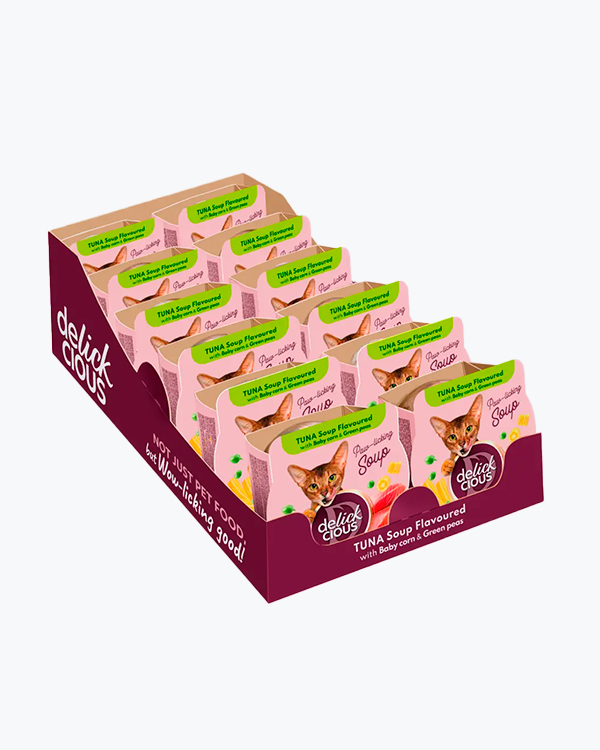Суп для кошек Delickcious Tuna Soup with Baby corn & Green peas, с тунцом, кукурузой и горошком, 85 г (12 шт)