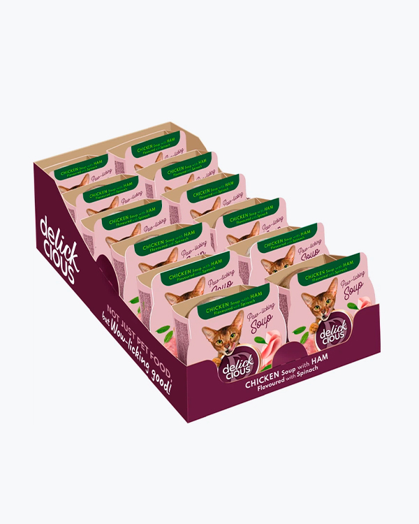 Суп для кошек Delickcious Chicken Soup with Ham and Spinach, с курицей, ветчиной и шпинатом, 85 г (12 шт)