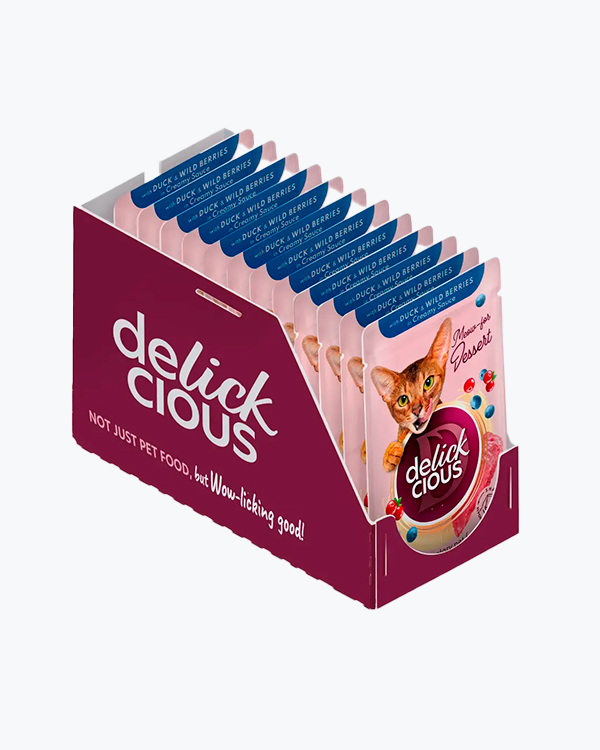 Влажный корм для кошек Delickcious Duck & Wild Berries, хлопья с уткой и лесными ягодами, 85 г, (12 шт)