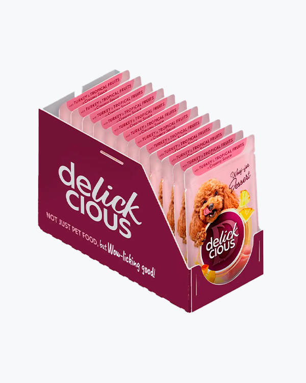 Вологий корм для собак Delickcious with Turkey & Tropical Fruits, пластівці з індичкою та фруктами, 85 г, пауч, 12 шт