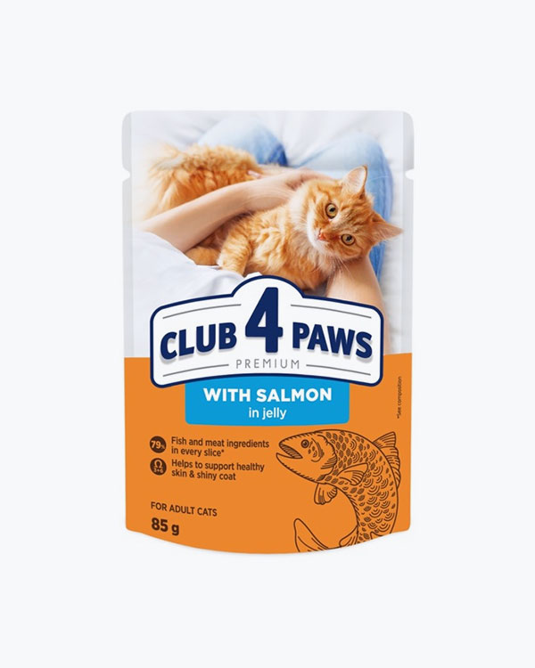 Влажный корм Club 4 Paws для взрослых кошек, с лососем в желе, 85 г, пауч