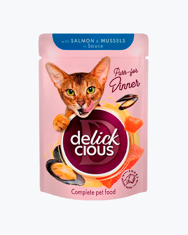 Вологий корм для котів Delickcious with Salmon & Mussels in Sauce, з лососем і мідіями в соусі, 85 г, пауч