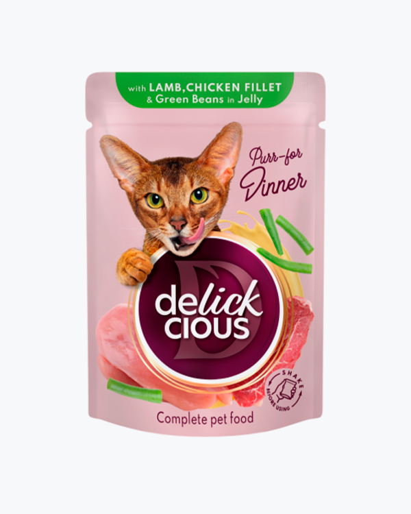 Влажный корм для кошек Delickcious with Lamb, Chicken & Green Beans, с ягненком, куриным филе и фасолью, 85 г
