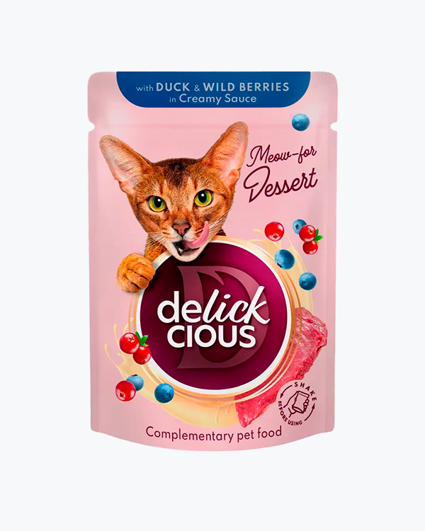 Влажный корм для кошек Delickcious Duck & Wild Berries, хлопья с уткой и лесными ягодами, 85 г, пауч