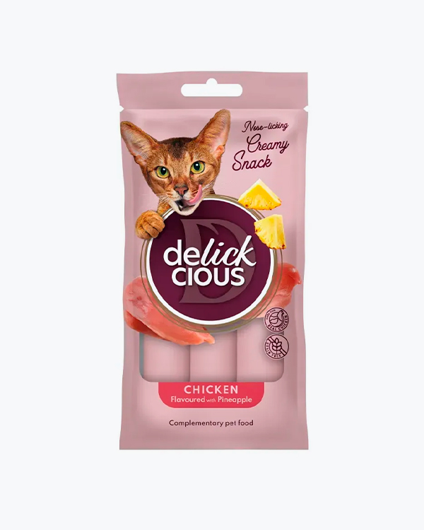 Крем-лакомство для кошек Delickcious Chicken Flavoured with Pineapple, курица с добавлением ананаса, (4*15 г)