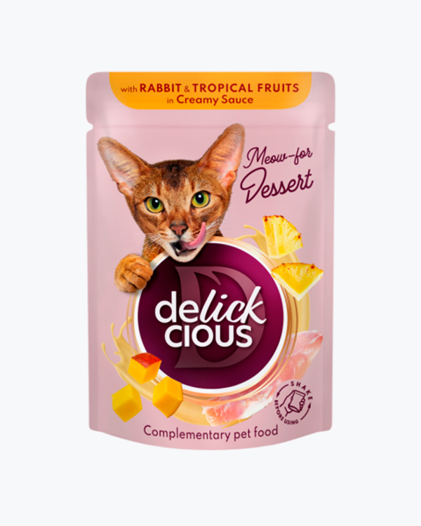 Вологий корм для котів Delickcious with Rabbit & Tropical Fruits ,cмужки з кроликом та тропічними фруктами, 85 г, пауч