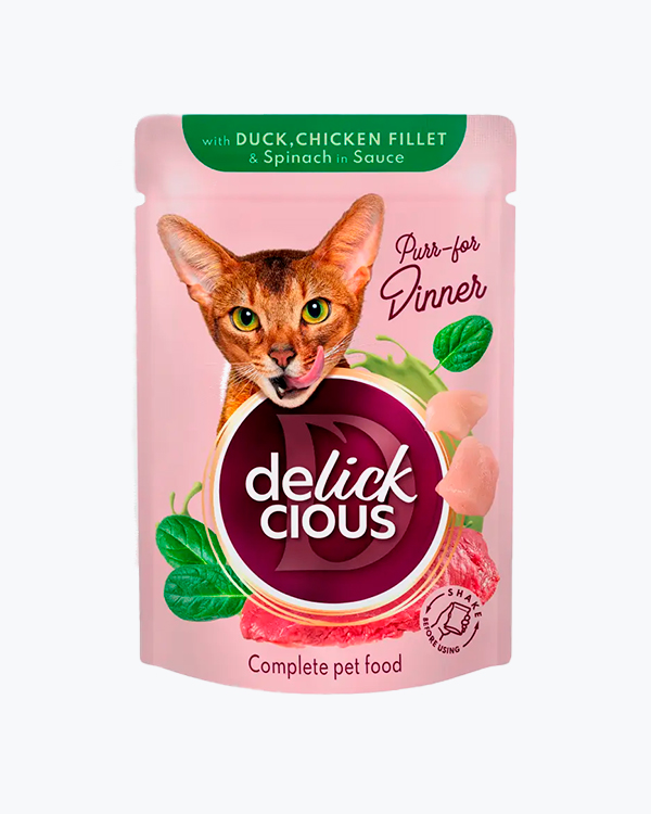 Влажный корм для кошек Delickcious with Duck, Chicken & Spinac, с уткой, куриным филе и шпинатом, 85 г, пауч