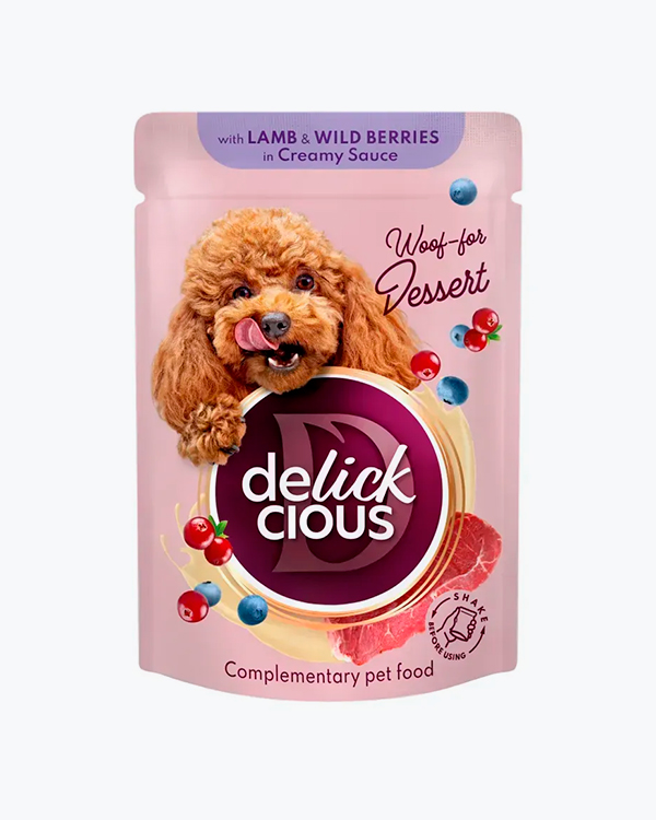 Влажный корм для собак Delickcious with Lamb & Wild Berriess, хлопья с ягненком и лесными ягодами, 85 г, пауч