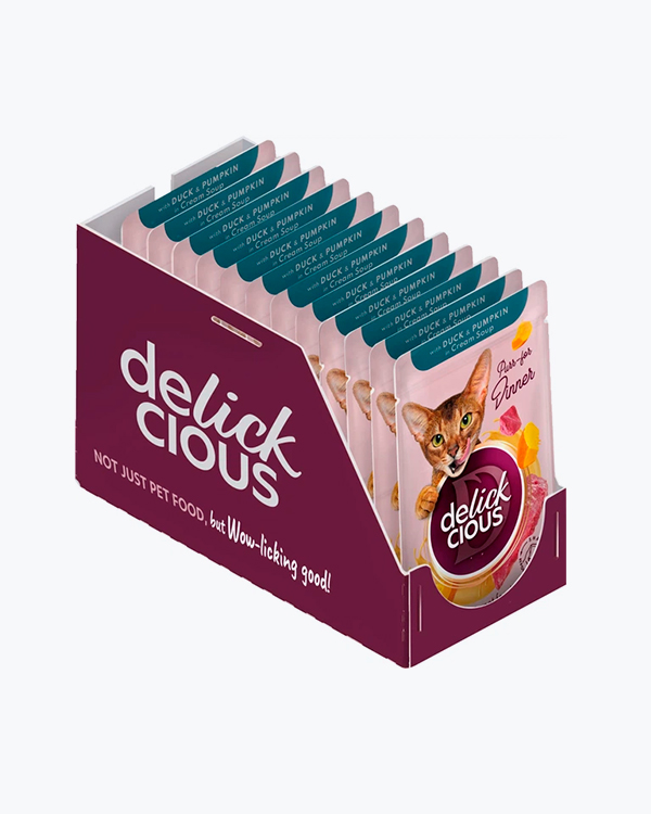 Вологий корм для котів Delickcious with Duck & Pumpkin in Cream Soup, смужки з качкою та гарбузом в крем-супі, 85 г, (12 шт)