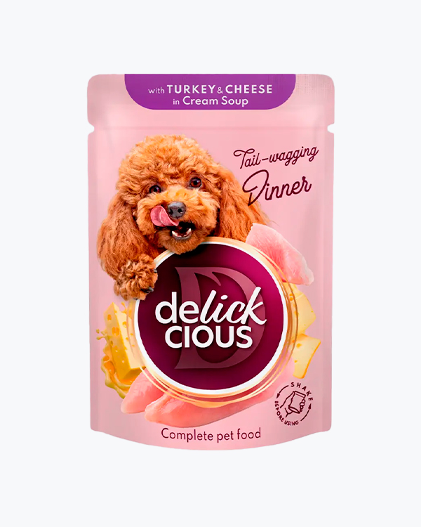 Вологий корм для собак Delickcious Turkey & Cheese, смужки з індичкою та сиром в крем-супі, 85 г, пауч