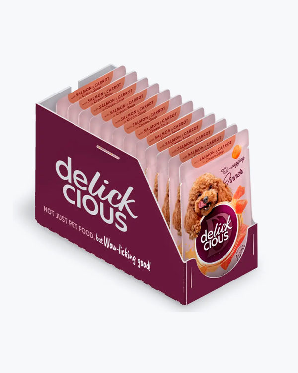 Вологий корм для собак Delickcious with Salmon & Carrot, смужки з лососем та морквою, 85 г, (12 шт)