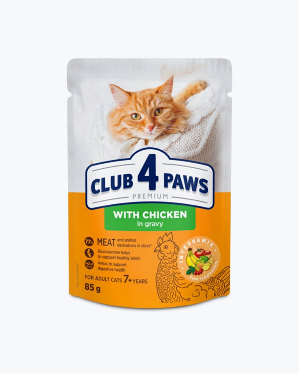 Вологий корм Club 4 Paws для дорослих котів 7+ років, з куркою в соусі, 85 г, пауч
