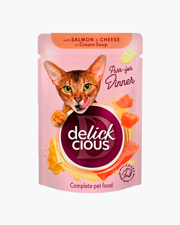 Влажный корм для кошек Delickcious with Salmon & Cheese, полоски с лососем и сыром в крем-супе, 85 г, пауч