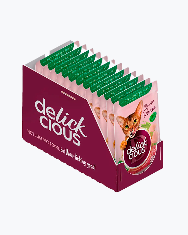 Вологий корм для котів Delickcious with Duck, Chicken Fillet & Spinac, з качкою, курячим філе і шпинатом, 85 г, (12 шт)
