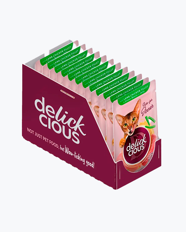 Вологий корм для котів Delickcious with  Lamb, Chicken Fillet & Green Beans, з ягнятиною, курячим філе і квасолею, 85 г, (12 шт)