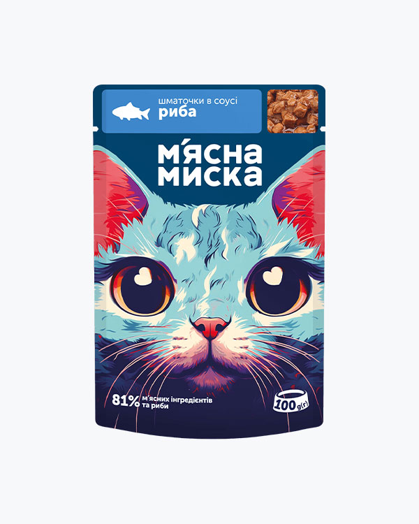 Влажный корм Мясная Миска для взрослых кошек, кусочки в соусе с рыбой, 100 г