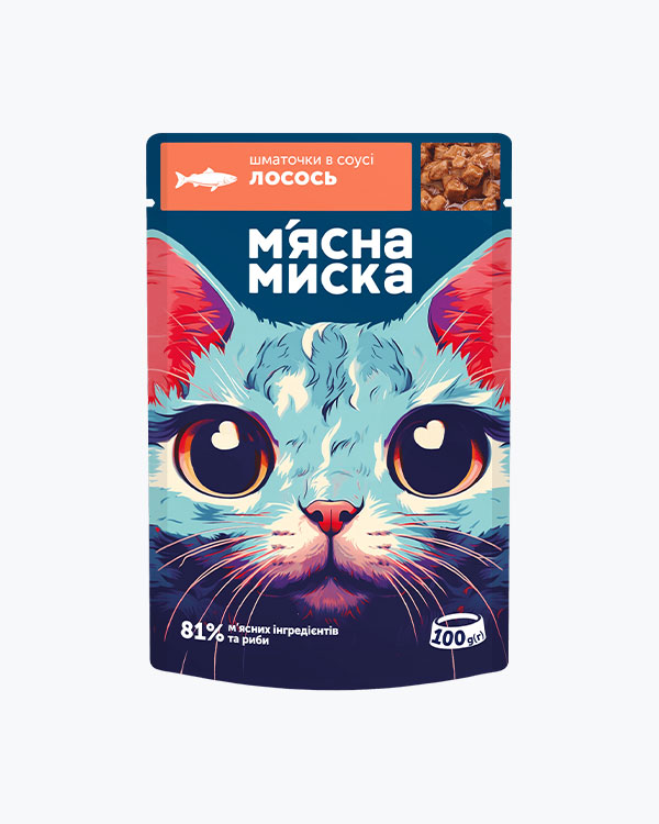 Вологий корм М'ясна Миска для дорослих котів, шматочки в соусі з лососем, 100 г